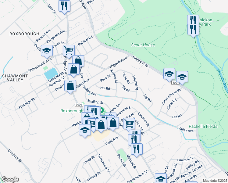 map of restaurants, bars, coffee shops, grocery stores, and more near 7404 Hill Road in Philadelphia