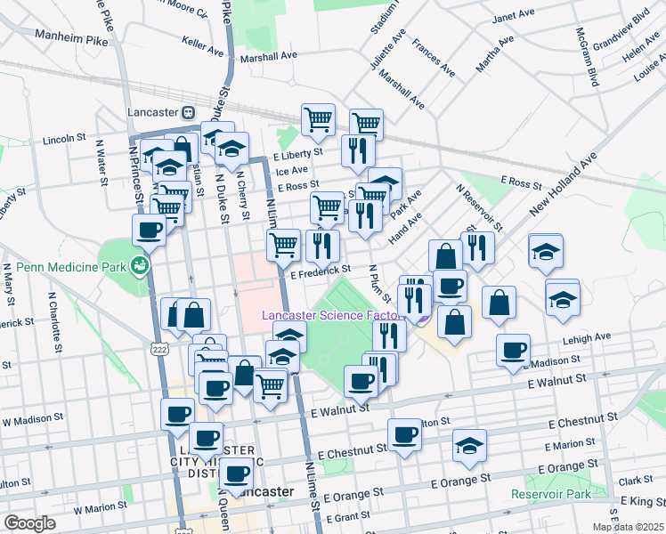 map of restaurants, bars, coffee shops, grocery stores, and more near 305 East Frederick Street in Lancaster