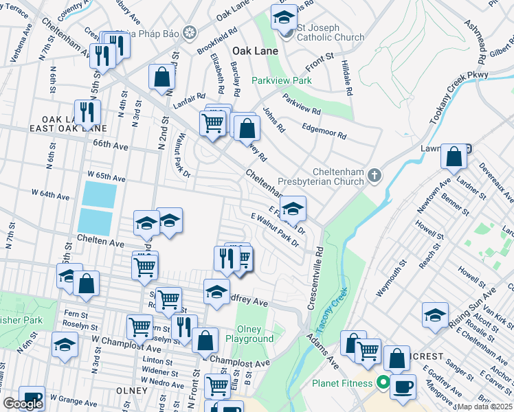 map of restaurants, bars, coffee shops, grocery stores, and more near 138 East Fariston Drive in Philadelphia