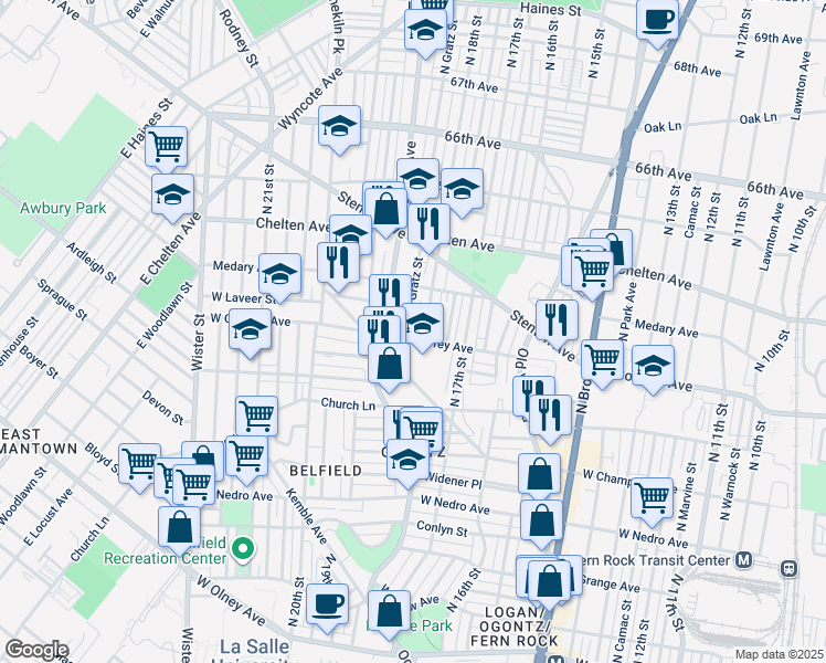 map of restaurants, bars, coffee shops, grocery stores, and more near 1815 West Godfrey Avenue in Philadelphia