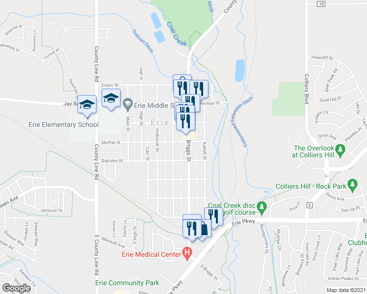 map of restaurants, bars, coffee shops, grocery stores, and more near 450 Briggs Street in Erie