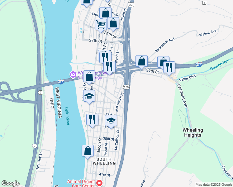 map of restaurants, bars, coffee shops, grocery stores, and more near 10 Mayo Street in Wheeling