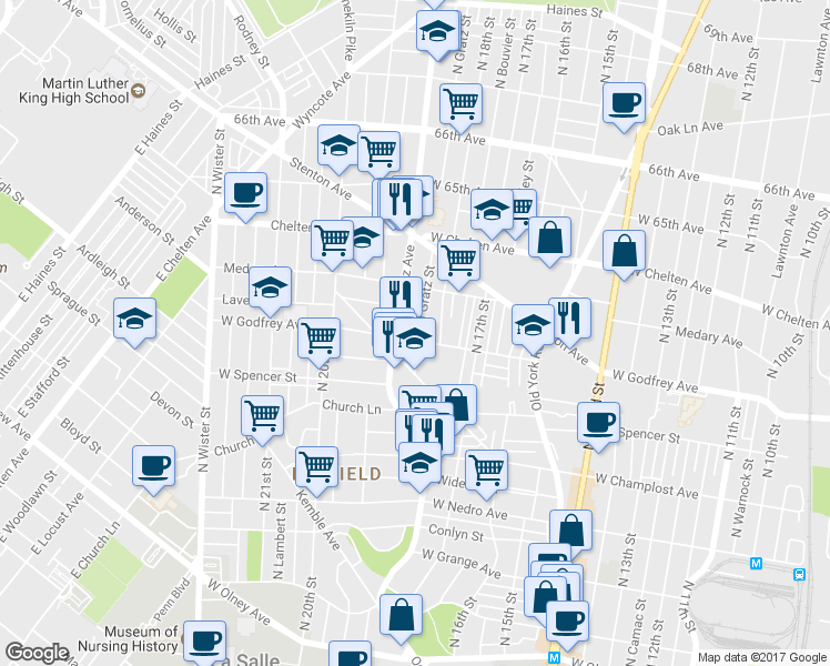 map of restaurants, bars, coffee shops, grocery stores, and more near 1837 West Godfrey Avenue in Philadelphia