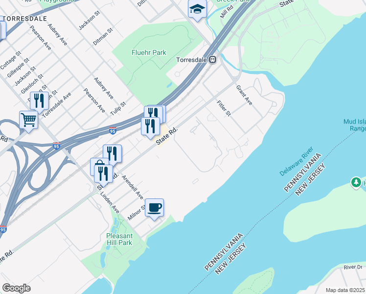 map of restaurants, bars, coffee shops, grocery stores, and more near South Convent Lane in Philadelphia