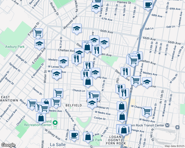 map of restaurants, bars, coffee shops, grocery stores, and more near 1817 West Godfrey Avenue in Philadelphia