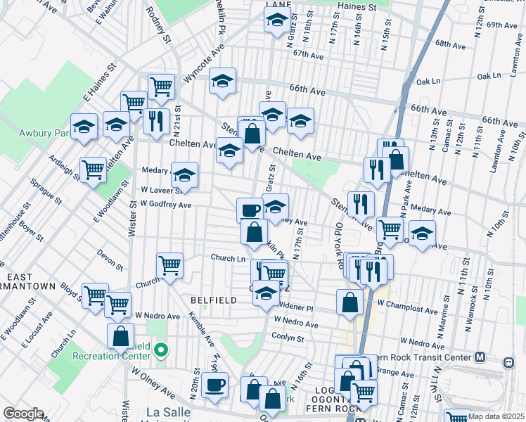map of restaurants, bars, coffee shops, grocery stores, and more near 1837 West Godfrey Avenue in Philadelphia