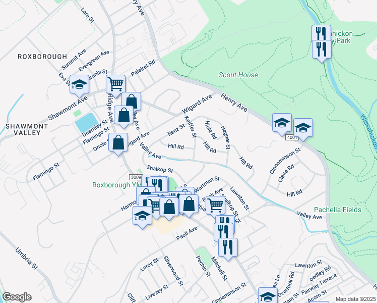 map of restaurants, bars, coffee shops, grocery stores, and more near 7408 Hill Road in Philadelphia