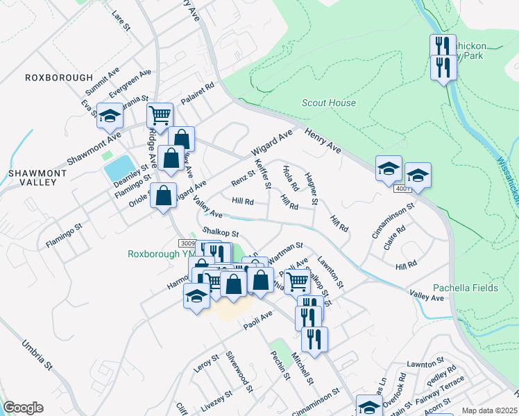 map of restaurants, bars, coffee shops, grocery stores, and more near 7408 Hill Road in Philadelphia