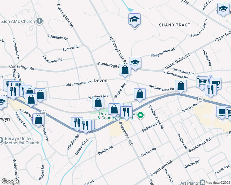 map of restaurants, bars, coffee shops, grocery stores, and more near 68 Station Avenue in Devon