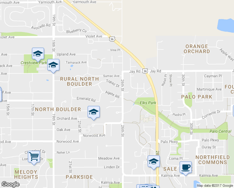 map of restaurants, bars, coffee shops, grocery stores, and more near 2505 Agate Road in Boulder