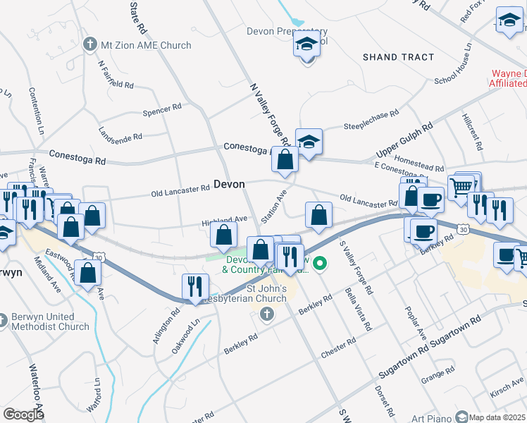 map of restaurants, bars, coffee shops, grocery stores, and more near 68 Station Avenue in Devon