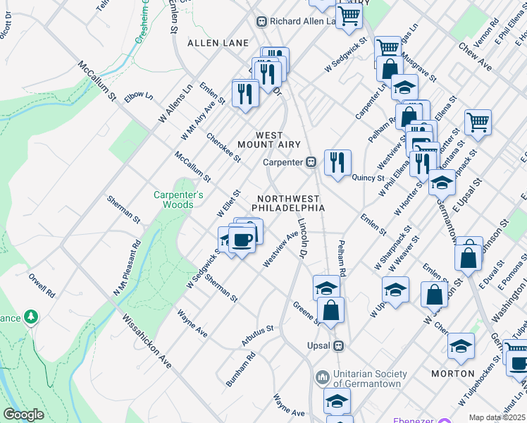 map of restaurants, bars, coffee shops, grocery stores, and more near 6907 McCallum Street in Philadelphia