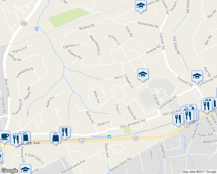 map of restaurants, bars, coffee shops, grocery stores, and more near 20 Robins Lane in Berwyn