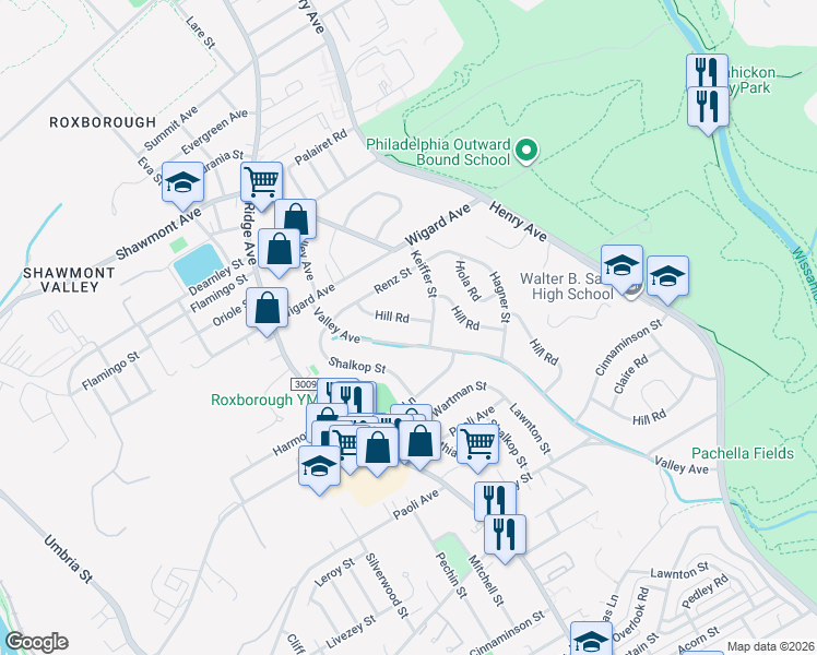 map of restaurants, bars, coffee shops, grocery stores, and more near 7404 Hill Road in Philadelphia