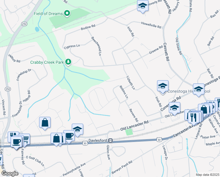 map of restaurants, bars, coffee shops, grocery stores, and more near 20 Robins Lane in Berwyn