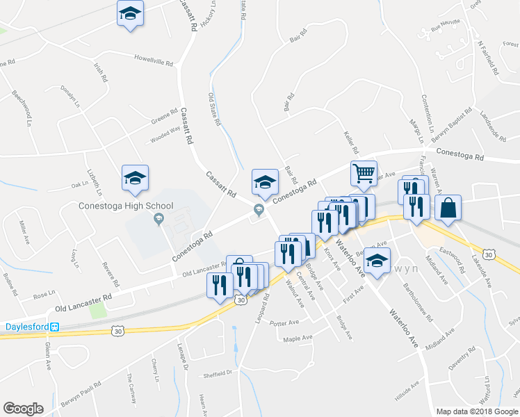 map of restaurants, bars, coffee shops, grocery stores, and more near 4 Cassatt Road in Berwyn