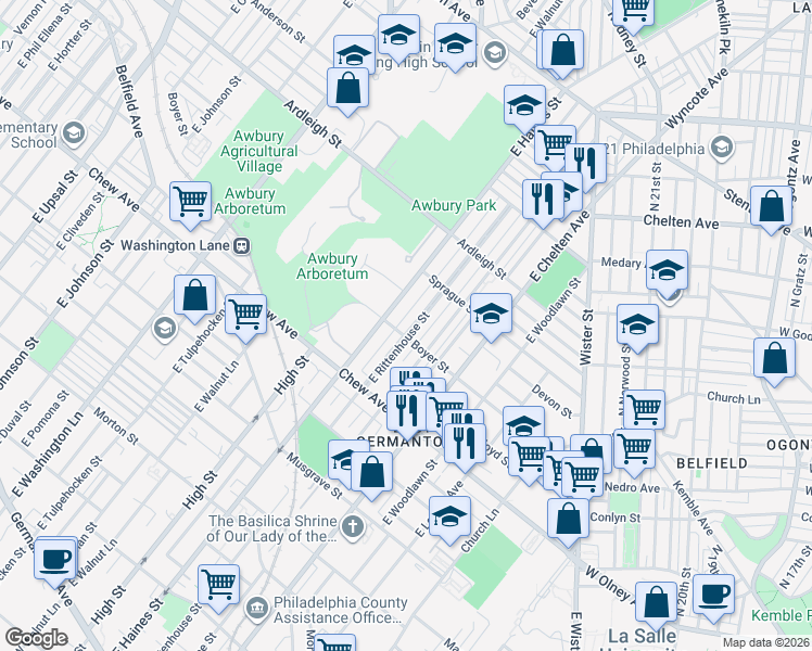 map of restaurants, bars, coffee shops, grocery stores, and more near 905 East Rittenhouse Street in Philadelphia