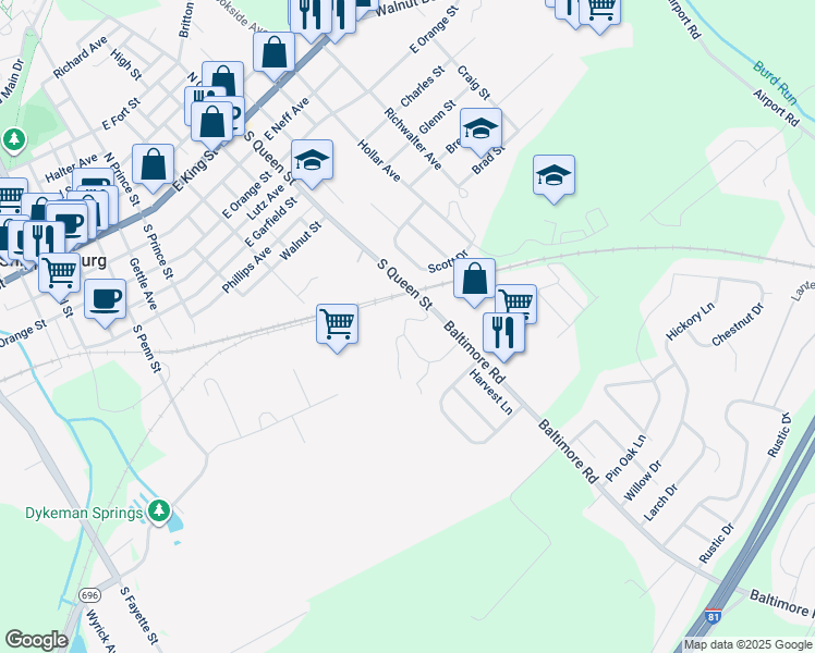 map of restaurants, bars, coffee shops, grocery stores, and more near 134 Cottage Road in Shippensburg