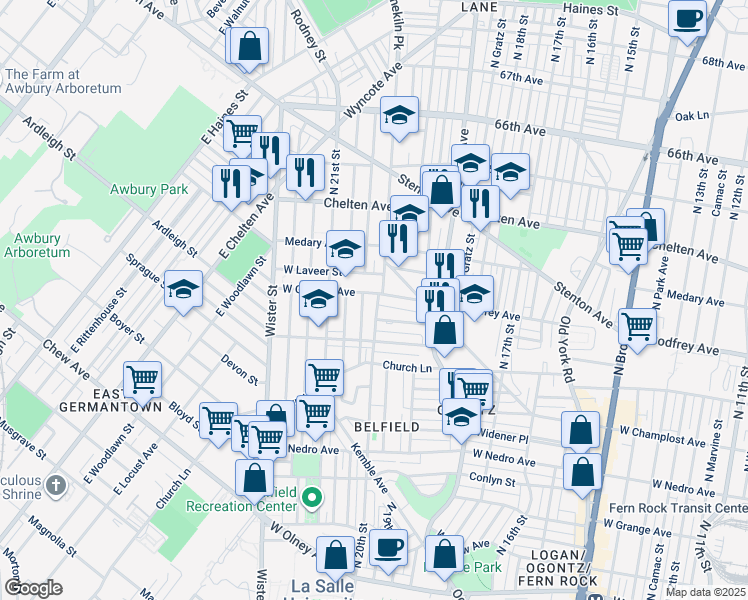 map of restaurants, bars, coffee shops, grocery stores, and more near 2000 West Godfrey Avenue in Philadelphia
