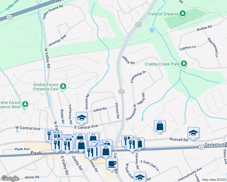 map of restaurants, bars, coffee shops, grocery stores, and more near 207 Vincent Road in Paoli