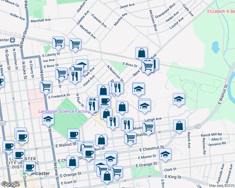 map of restaurants, bars, coffee shops, grocery stores, and more near 616 New Holland Avenue in Lancaster