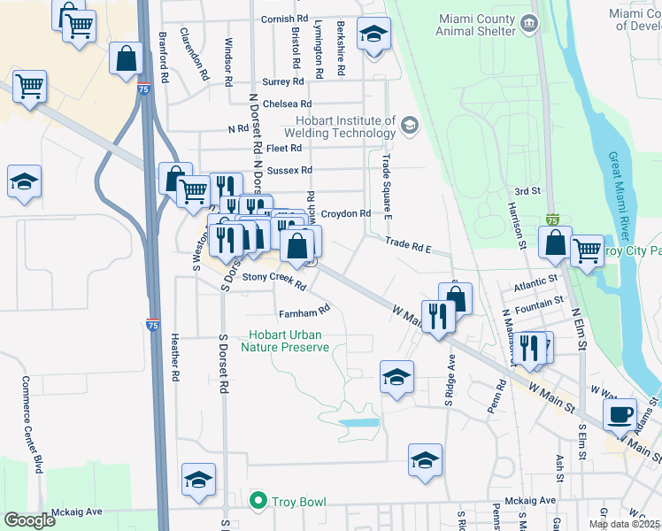 map of restaurants, bars, coffee shops, grocery stores, and more near 1303 West Main Street in Troy