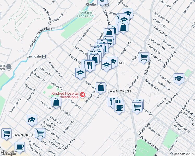 map of restaurants, bars, coffee shops, grocery stores, and more near 534 Levick Street in Philadelphia