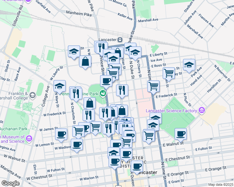 map of restaurants, bars, coffee shops, grocery stores, and more near 629 North Market Street in Lancaster