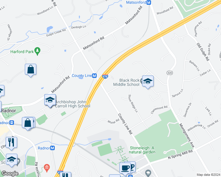 map of restaurants, bars, coffee shops, grocery stores, and more near 308 Saybrook Road in Villanova