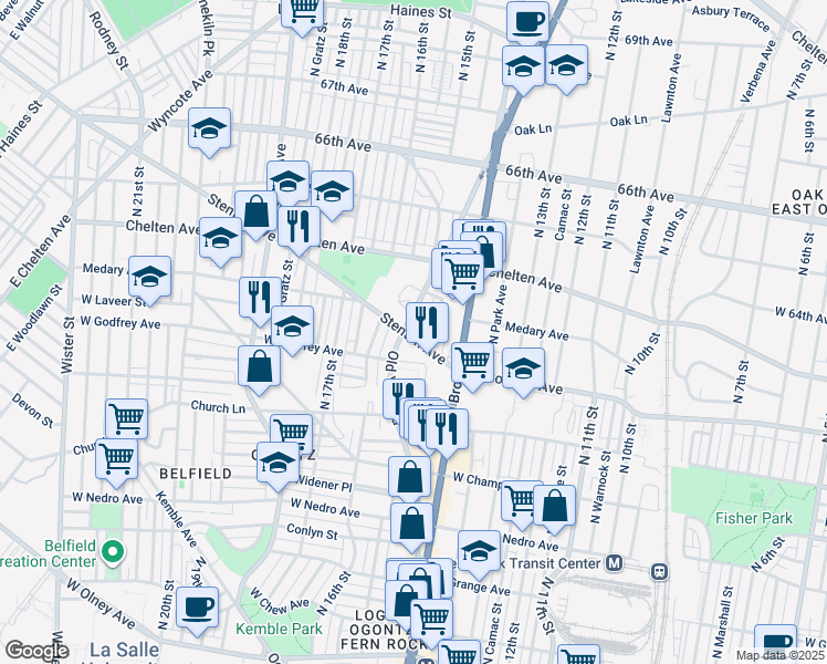 map of restaurants, bars, coffee shops, grocery stores, and more near 6231 Old York Road in Philadelphia