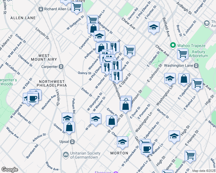 map of restaurants, bars, coffee shops, grocery stores, and more near 23 West Sharpnack Street in Philadelphia