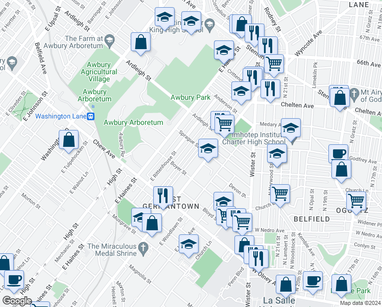 map of restaurants, bars, coffee shops, grocery stores, and more near 948 East Price Street in Philadelphia