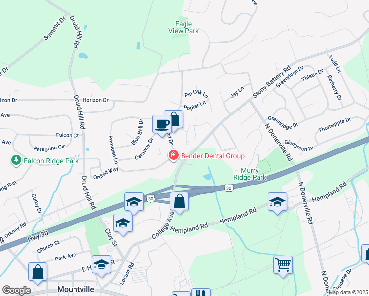 map of restaurants, bars, coffee shops, grocery stores, and more near 11 Beechtree Lane in Mountville
