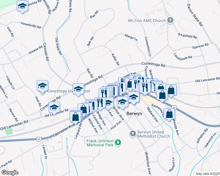 map of restaurants, bars, coffee shops, grocery stores, and more near 41 Cassatt Avenue in Berwyn