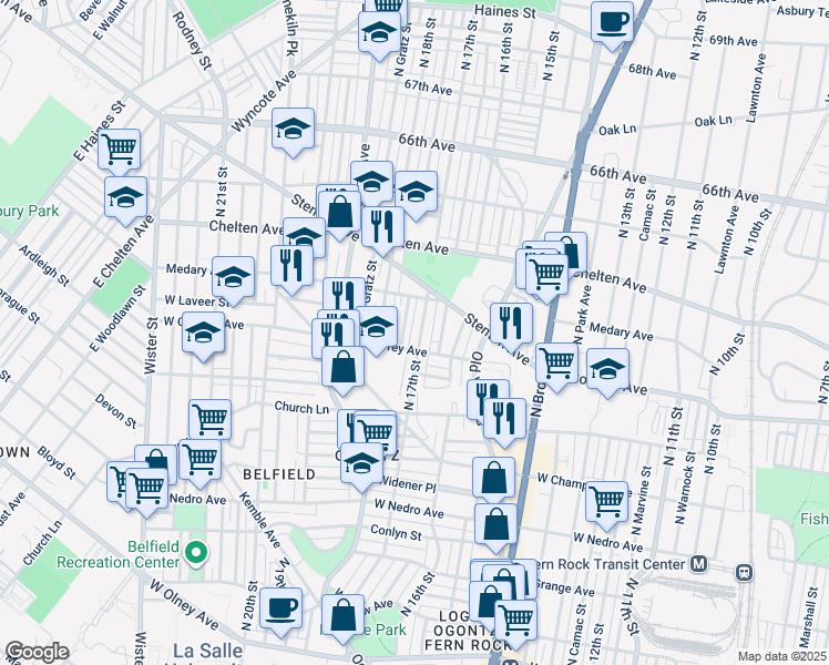 map of restaurants, bars, coffee shops, grocery stores, and more near 6218 North 17th Street in Philadelphia