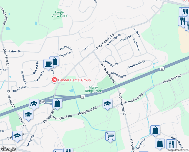 map of restaurants, bars, coffee shops, grocery stores, and more near 3315 Greenridge Drive in Mountville