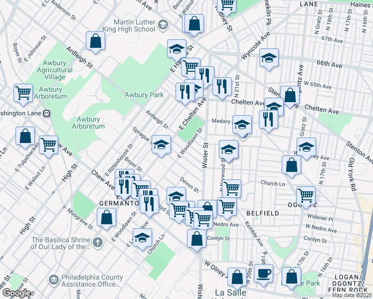 map of restaurants, bars, coffee shops, grocery stores, and more near 5530 Ardleigh Street in Philadelphia