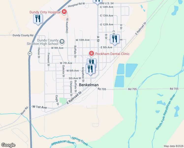 map of restaurants, bars, coffee shops, grocery stores, and more near 501-599 East Railroad Street in Benkelman