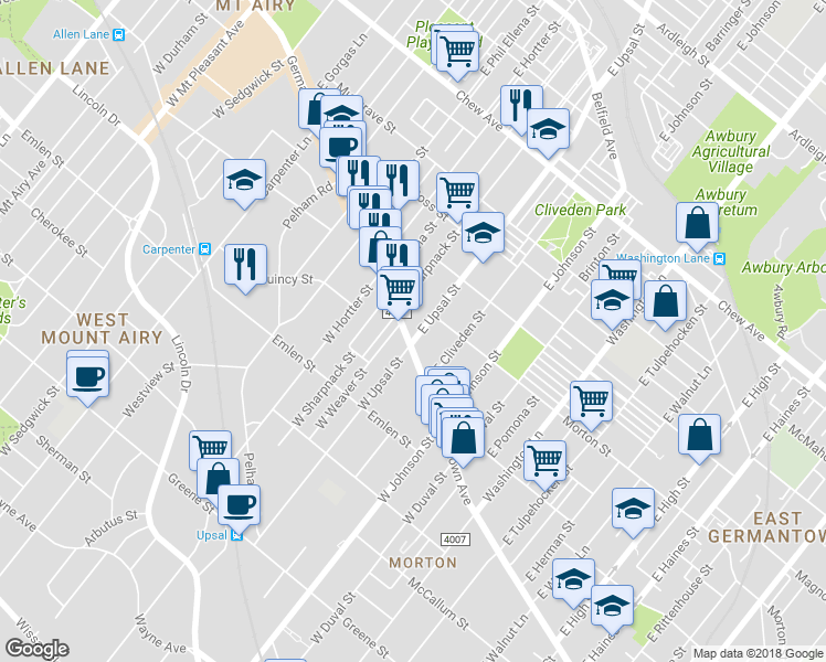 map of restaurants, bars, coffee shops, grocery stores, and more near 6507 Germantown Avenue in Philadelphia