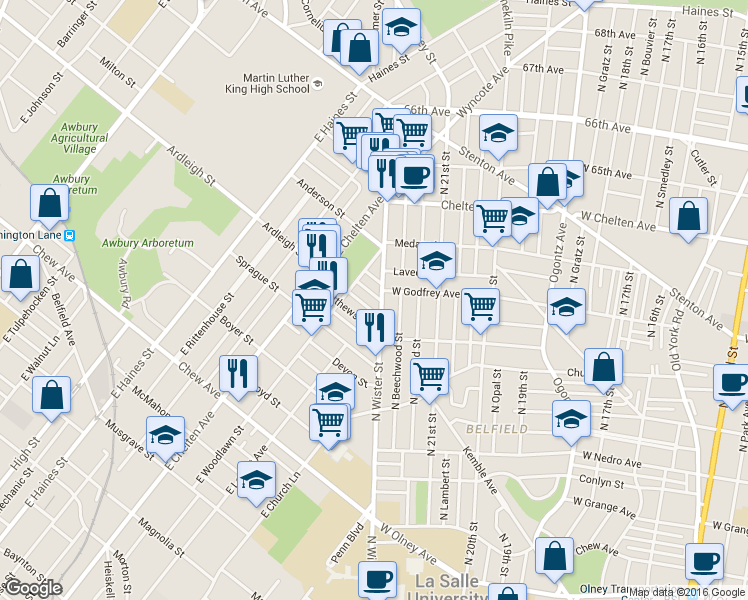 map of restaurants, bars, coffee shops, grocery stores, and more near 5508 Jane Street in Philadelphia