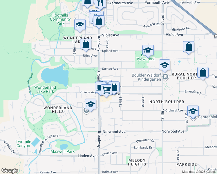 map of restaurants, bars, coffee shops, grocery stores, and more near 1360 Redwood Avenue in Boulder