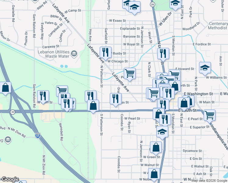 map of restaurants, bars, coffee shops, grocery stores, and more near 816 West Washington Street in Lebanon