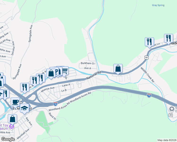 map of restaurants, bars, coffee shops, grocery stores, and more near 19 Burkham Court in Wheeling