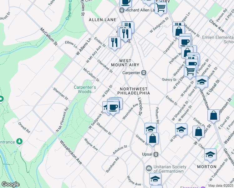map of restaurants, bars, coffee shops, grocery stores, and more near 451-499 W Sedgwick St in Philadelphia