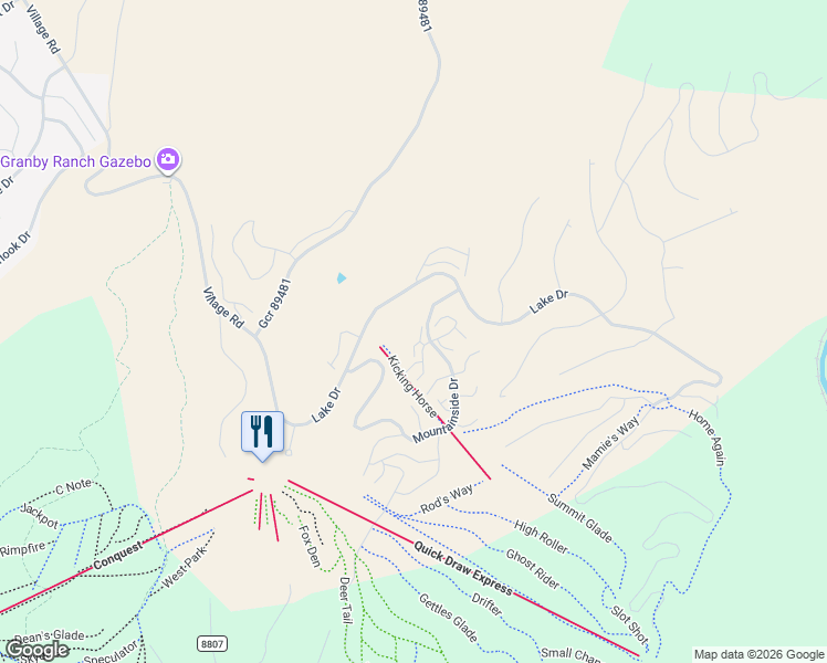 map of restaurants, bars, coffee shops, grocery stores, and more near 104 North Star Trail in Granby