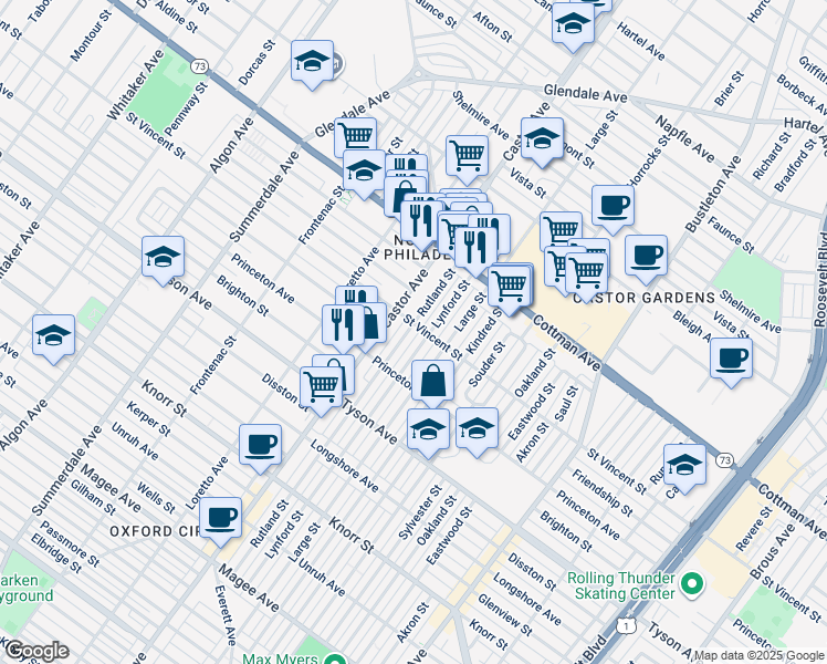 map of restaurants, bars, coffee shops, grocery stores, and more near 7151 Rutland Street in Philadelphia