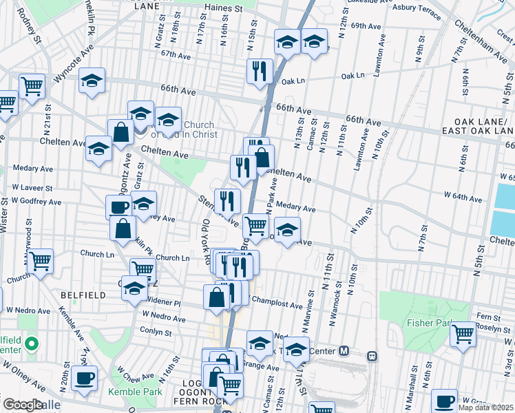 map of restaurants, bars, coffee shops, grocery stores, and more near 6245 North Broad Street in Philadelphia