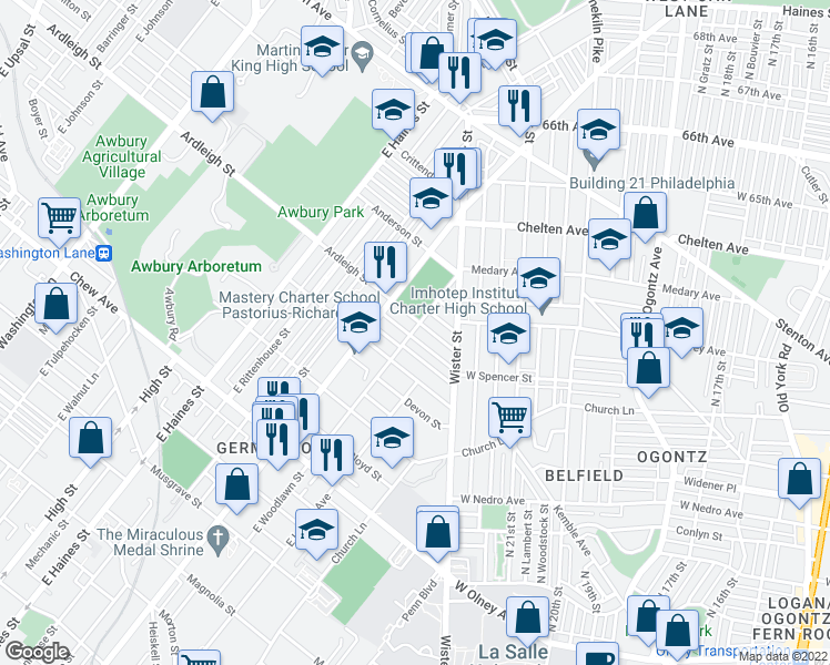 map of restaurants, bars, coffee shops, grocery stores, and more near 5530 Ardleigh Street in Philadelphia