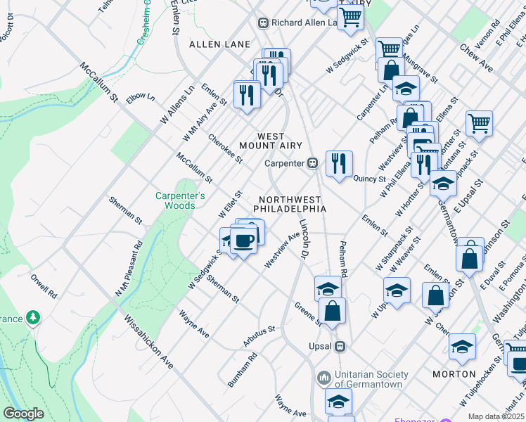 map of restaurants, bars, coffee shops, grocery stores, and more near 6907 McCallum Street in Philadelphia