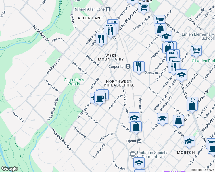 map of restaurants, bars, coffee shops, grocery stores, and more near in Philadelphia